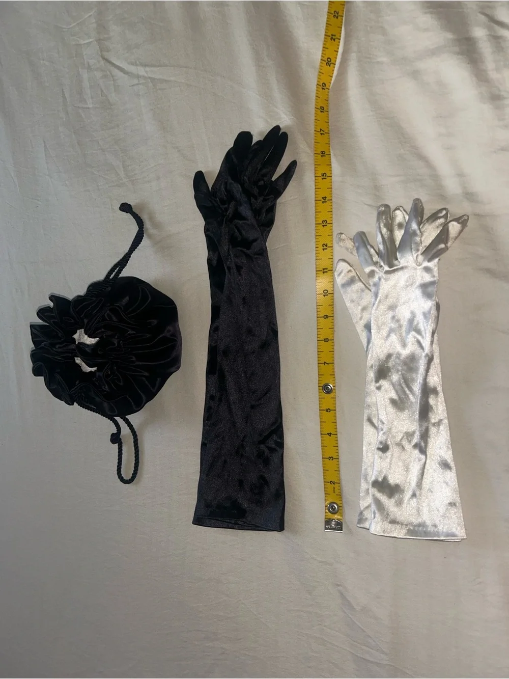 Black Satin Evening Drawstring Pouch W/ Two Elegant Evening Gloves